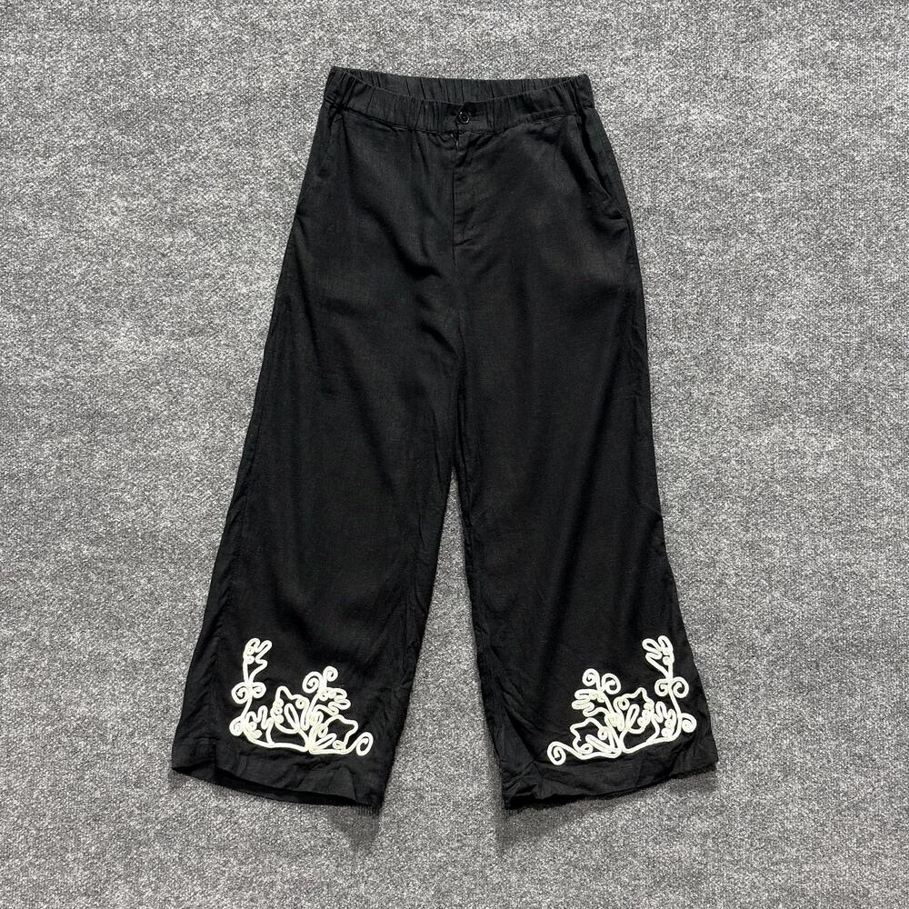 Fifteen Twenty Pants Womens Small Black Linen Blend Wide Leg Cropped Embroidered